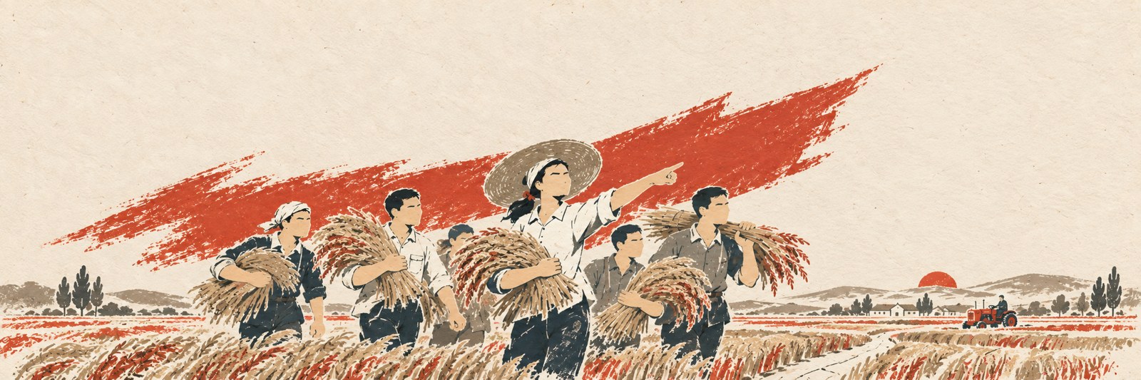 集体收获与运输，纸张与丙烯色块插画