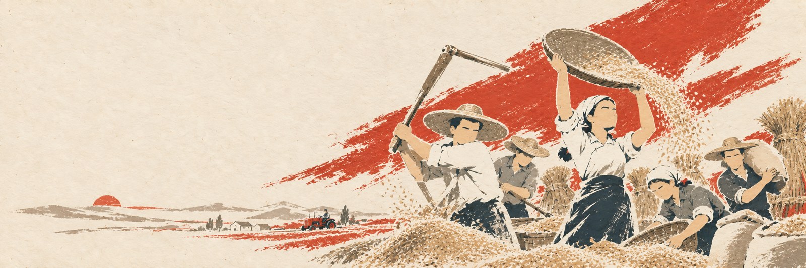 集体打谷与扬场，纸张与丙烯色块插画